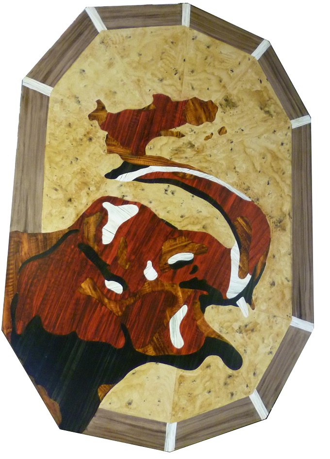 une peinture représentant un éléphant en marqueterie avec différentes essences de bois