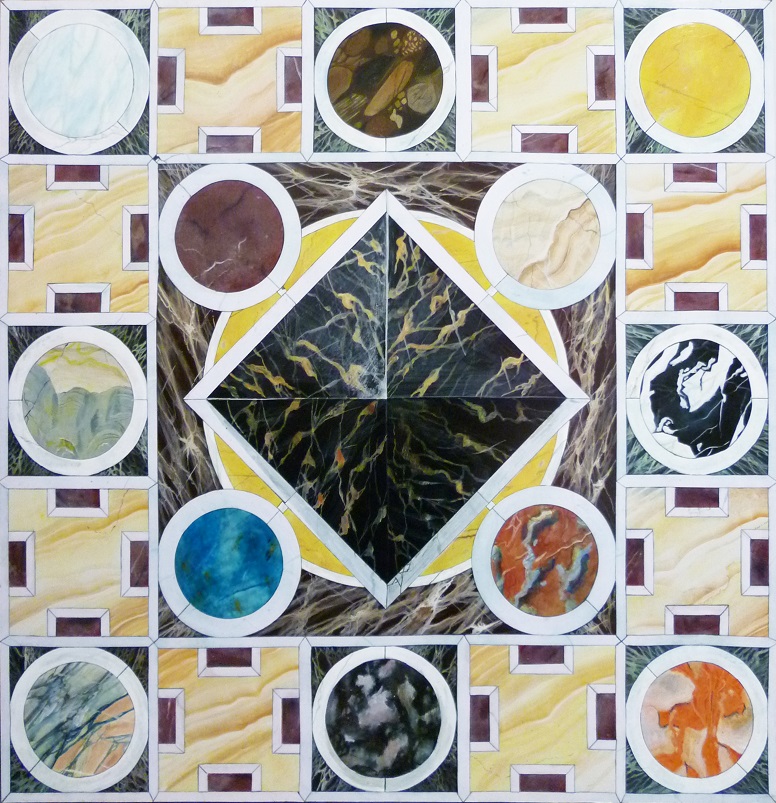 une peinture représentant différentes sortes de marbres colorés en forme géométriques et avec une pyramide au centre. Pietra dura