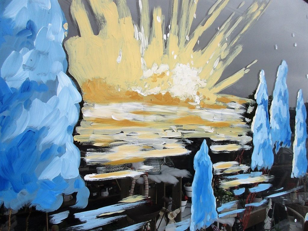 peinture d'un levé de soleil sur un paysage enneigé avec des sapins